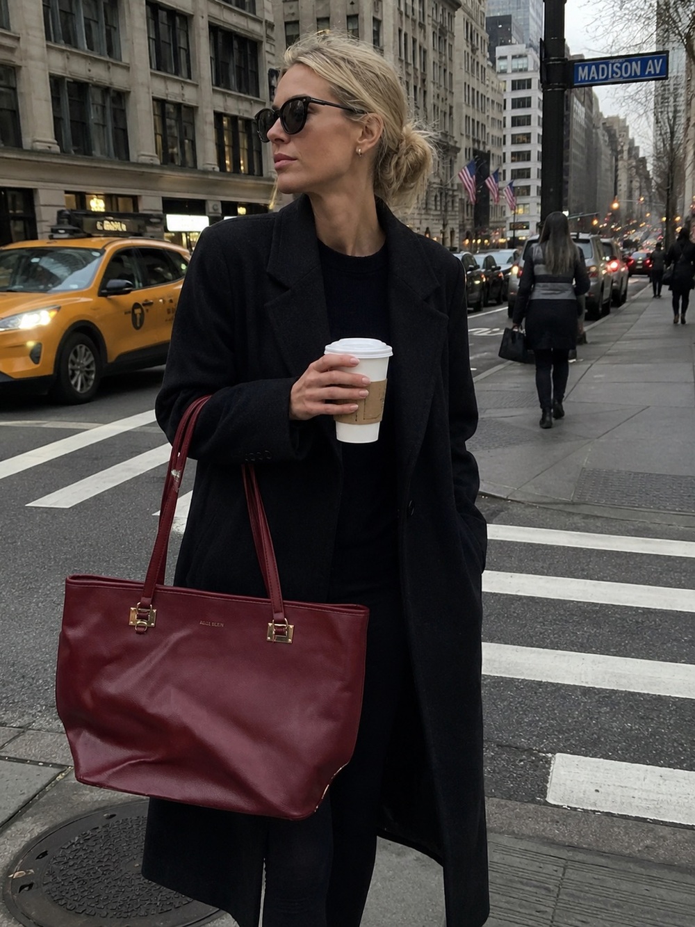 Anne Klein Deep Red Wine Leather Tote with Gold Hardware